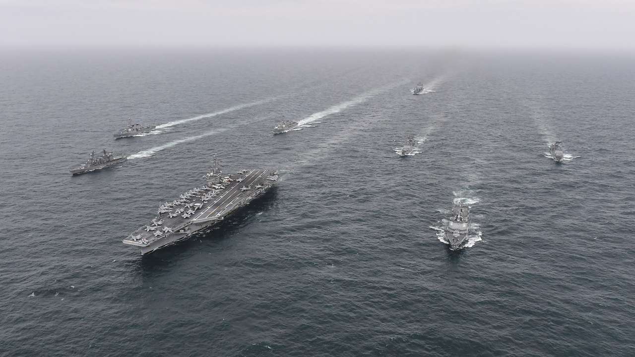 Naval vessels from South Korea, the U.S. and Japan navies take part in a combined anti-submarine exercises