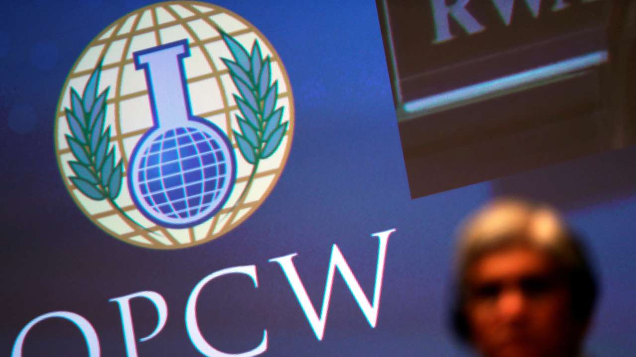 The logo of the Organisation for the Prohibition of Chemical Weapons is seen during a special session in the Hague,