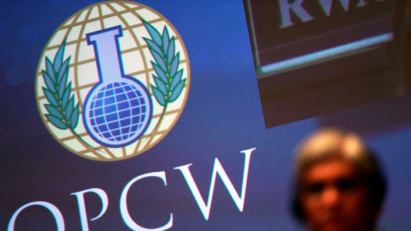 The logo of the Organisation for the Prohibition of Chemical Weapons is seen during a special session in the Hague,