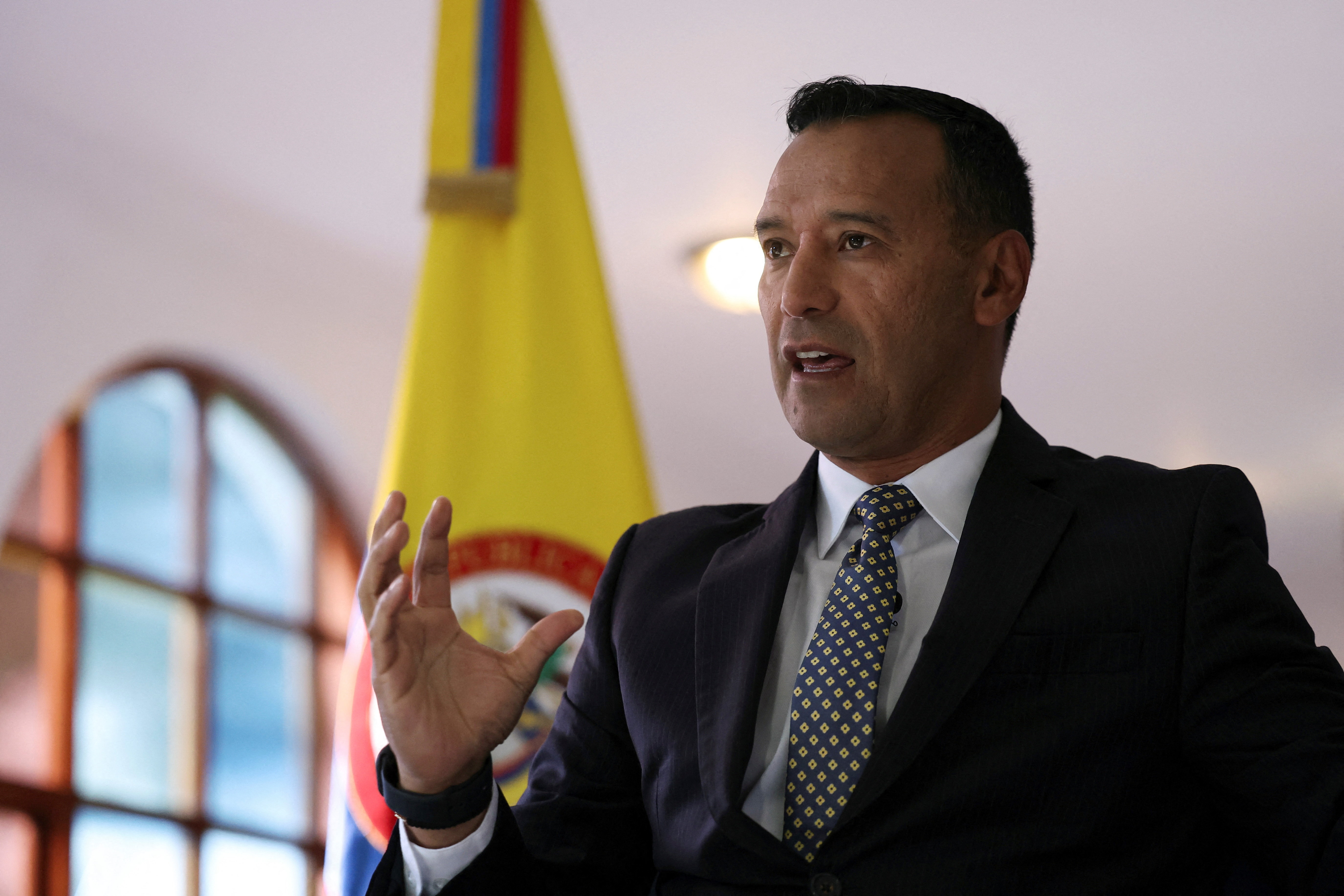 Colombian Minister of Defense, Pedro Arnulfo Sanchez, speaks during an interview with Reuters in Bogota