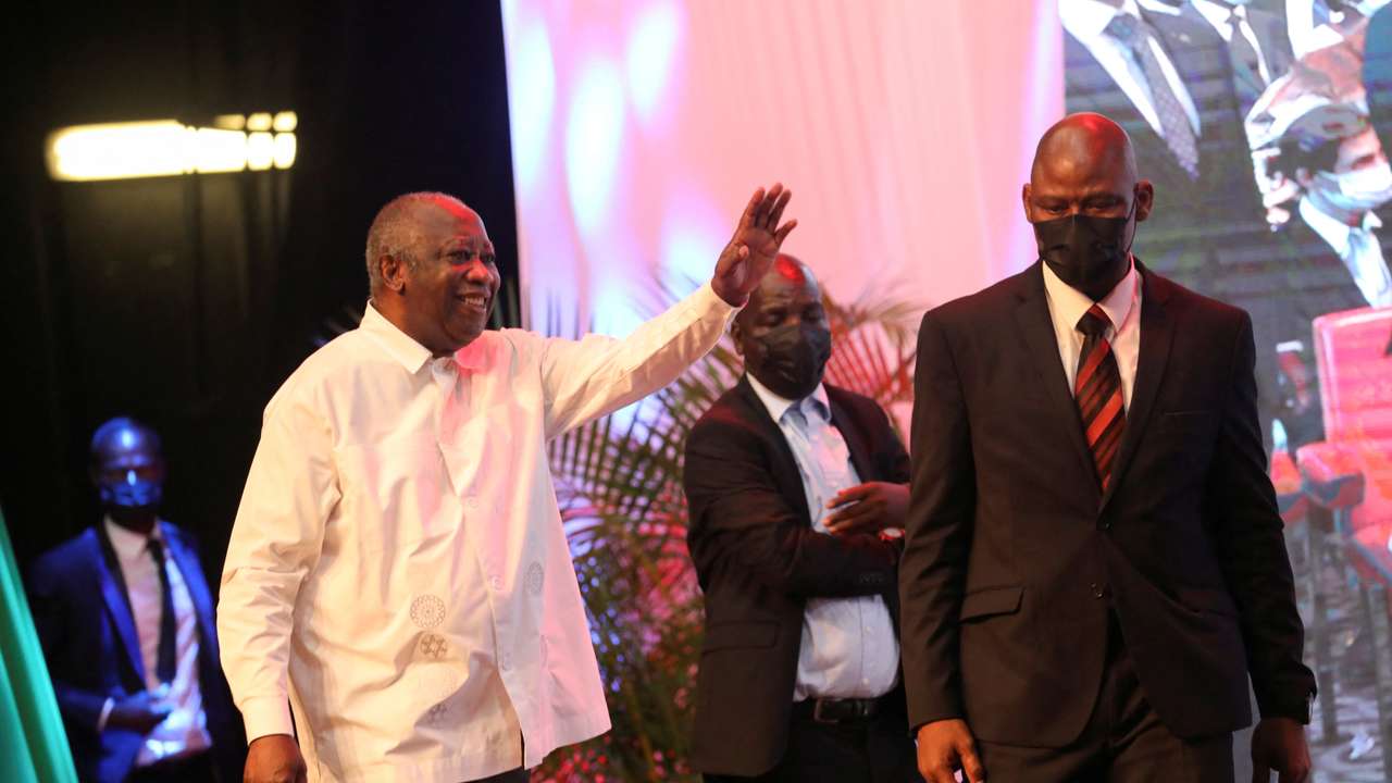 FILE PHOTO: Ivory Coast's former president Laurent Gbagbo gestures during the second day of a meeting to launch the formation of a new political party at the Sofitel hotel in Abidjan