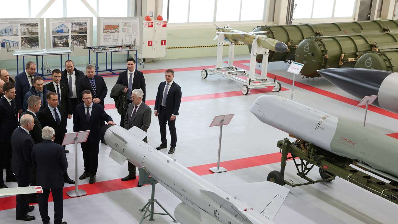 Deputy head of Russia's Security Council and chairman of the United Russia party Dmitry Medvedev visits the Raduga State Machine Building Construction Bureau in Dubna