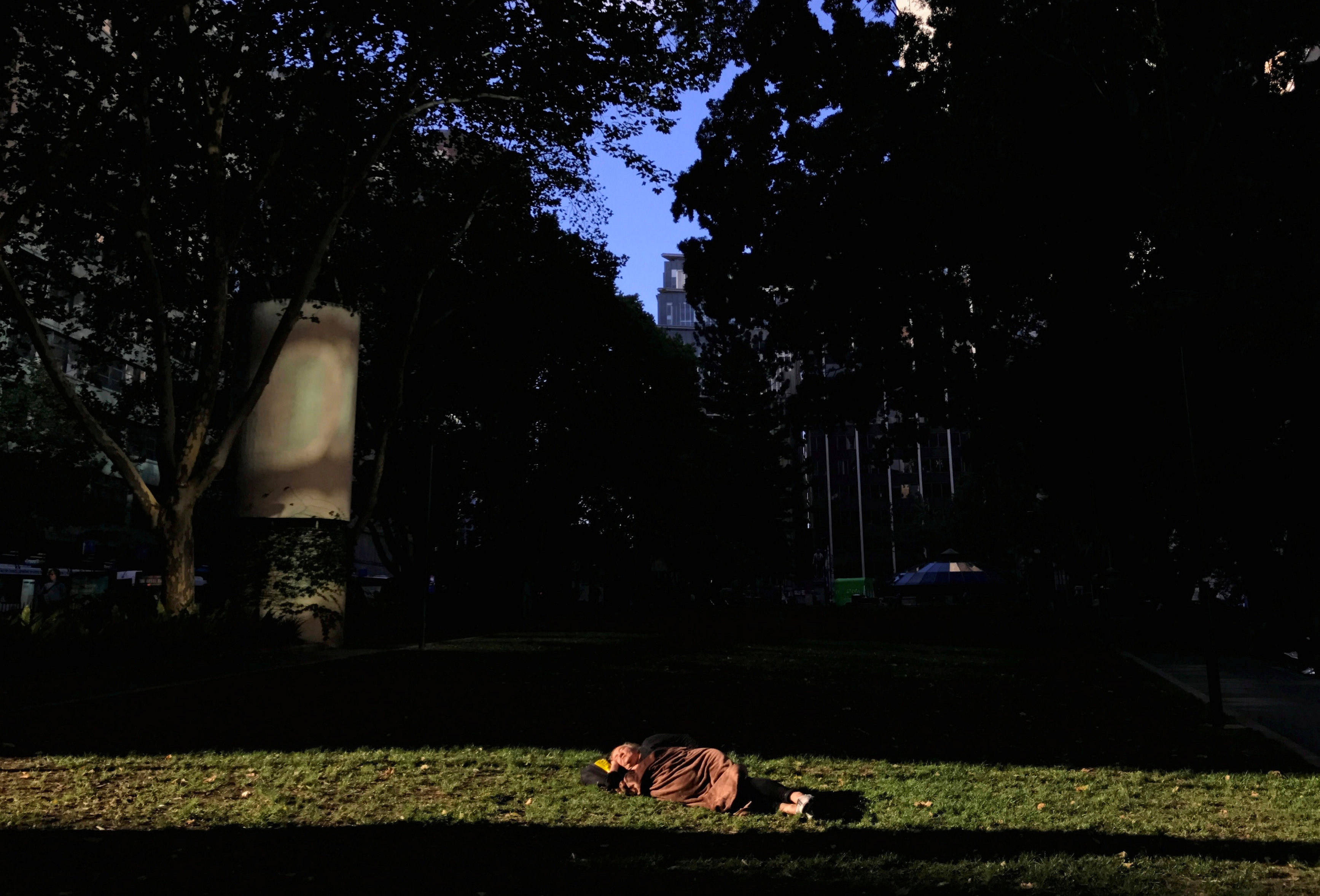 A homeless man sleeps under a blanket in a patch of sunlight at a park in central Sydney