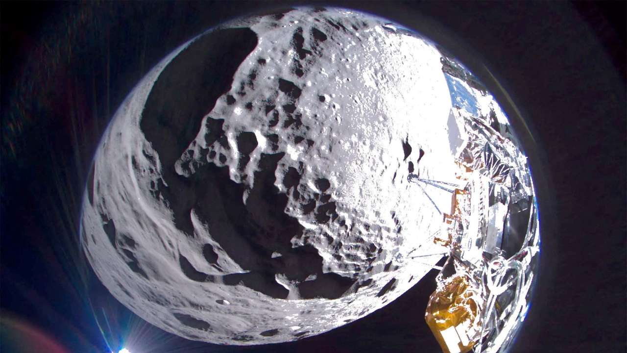 Intuitive Machines’ Odysseus lunar lander captures a wide field of view image of Schomberger crater on the Moon