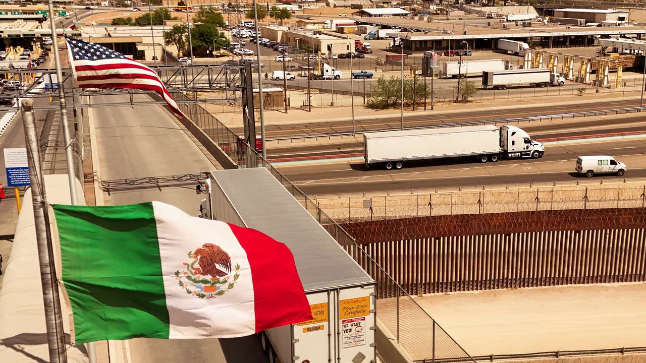 Trucks cross the US-Mexico borde