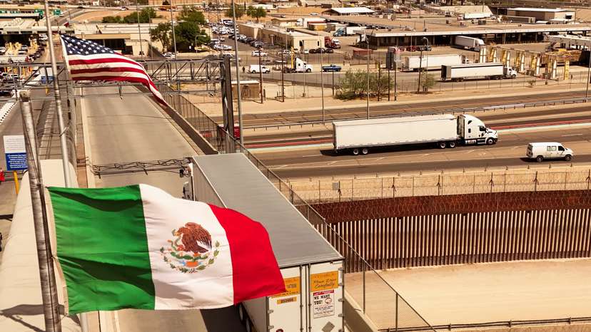 Trucks cross the US-Mexico borde