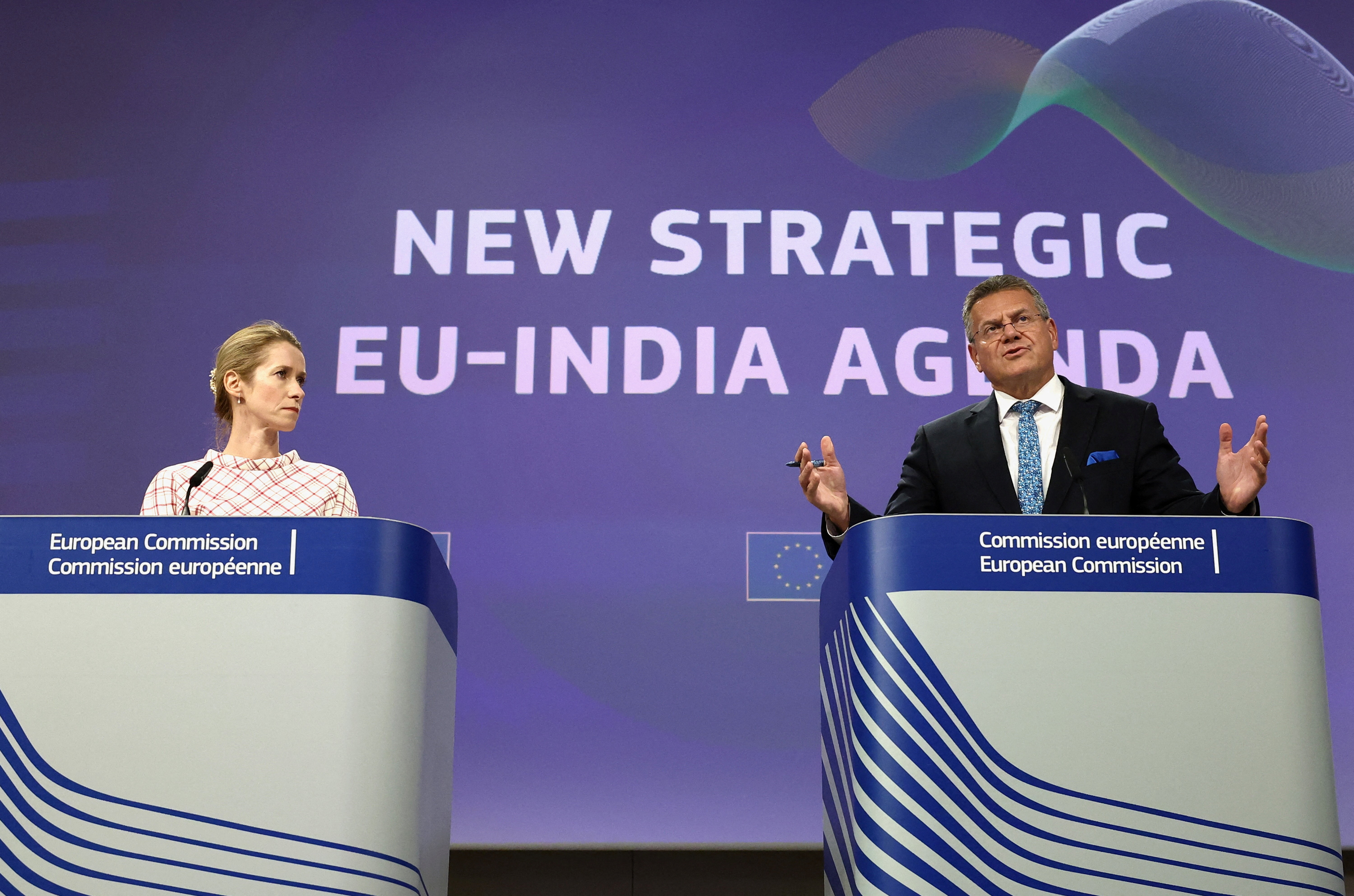 European Commission's High Representative for Foreign Affairs Kallas and Commissioner for Trade Sefcovic hold a press conference in Brussels