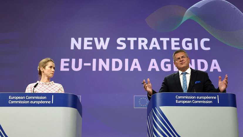 European Commission's High Representative for Foreign Affairs Kallas and Commissioner for Trade Sefcovic hold a press conference in Brussels