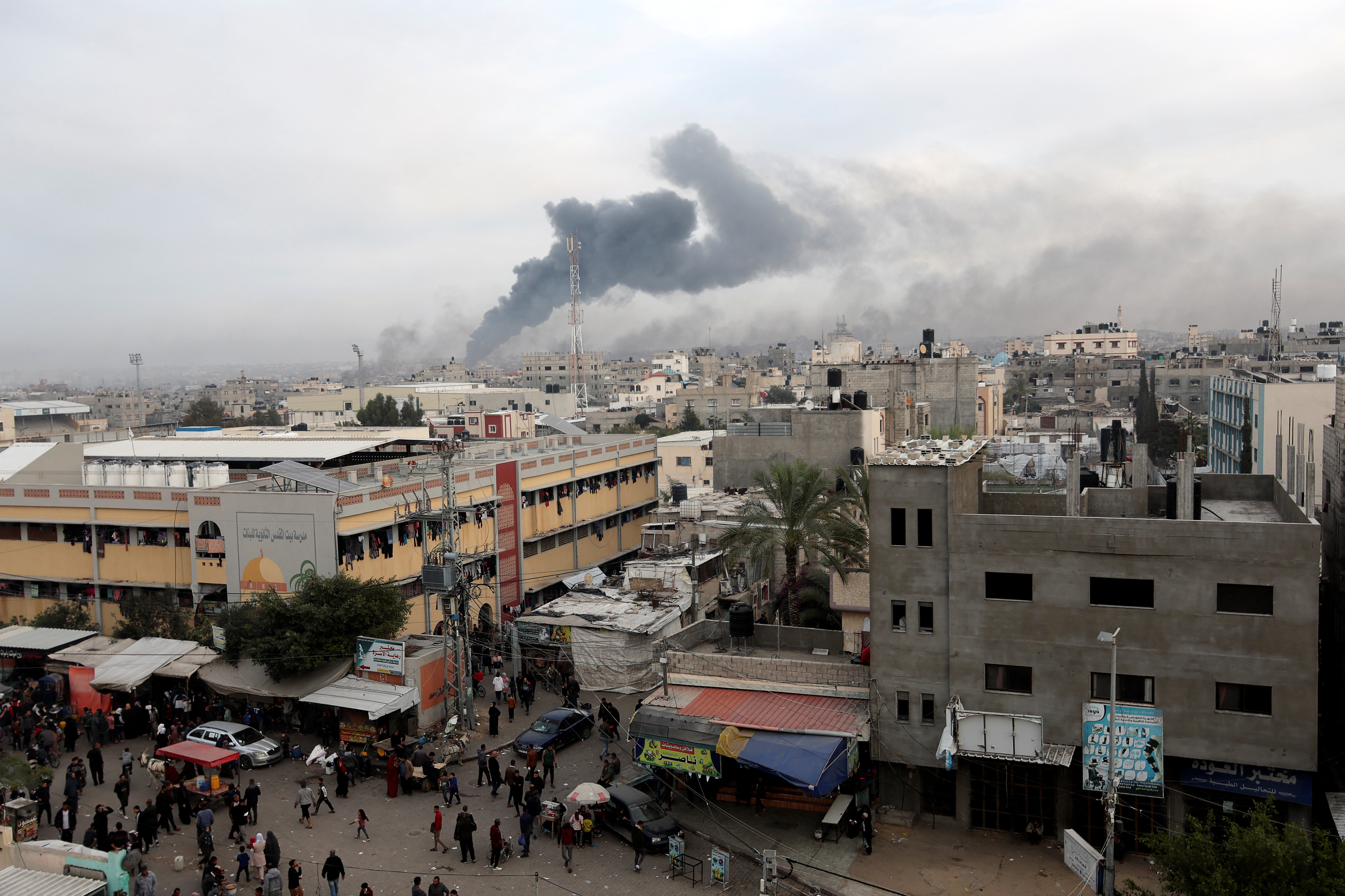 Smoke rises after Israeli strikes, in Khan Younis