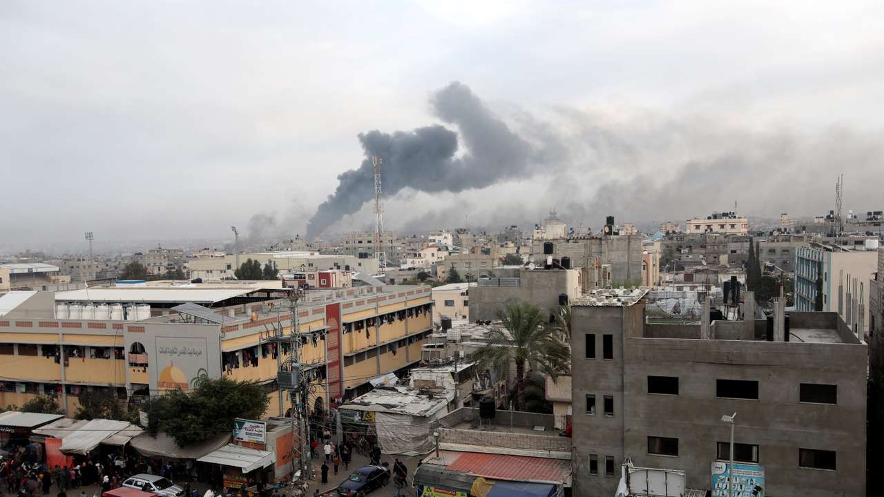 Smoke rises after Israeli strikes, in Khan Younis
