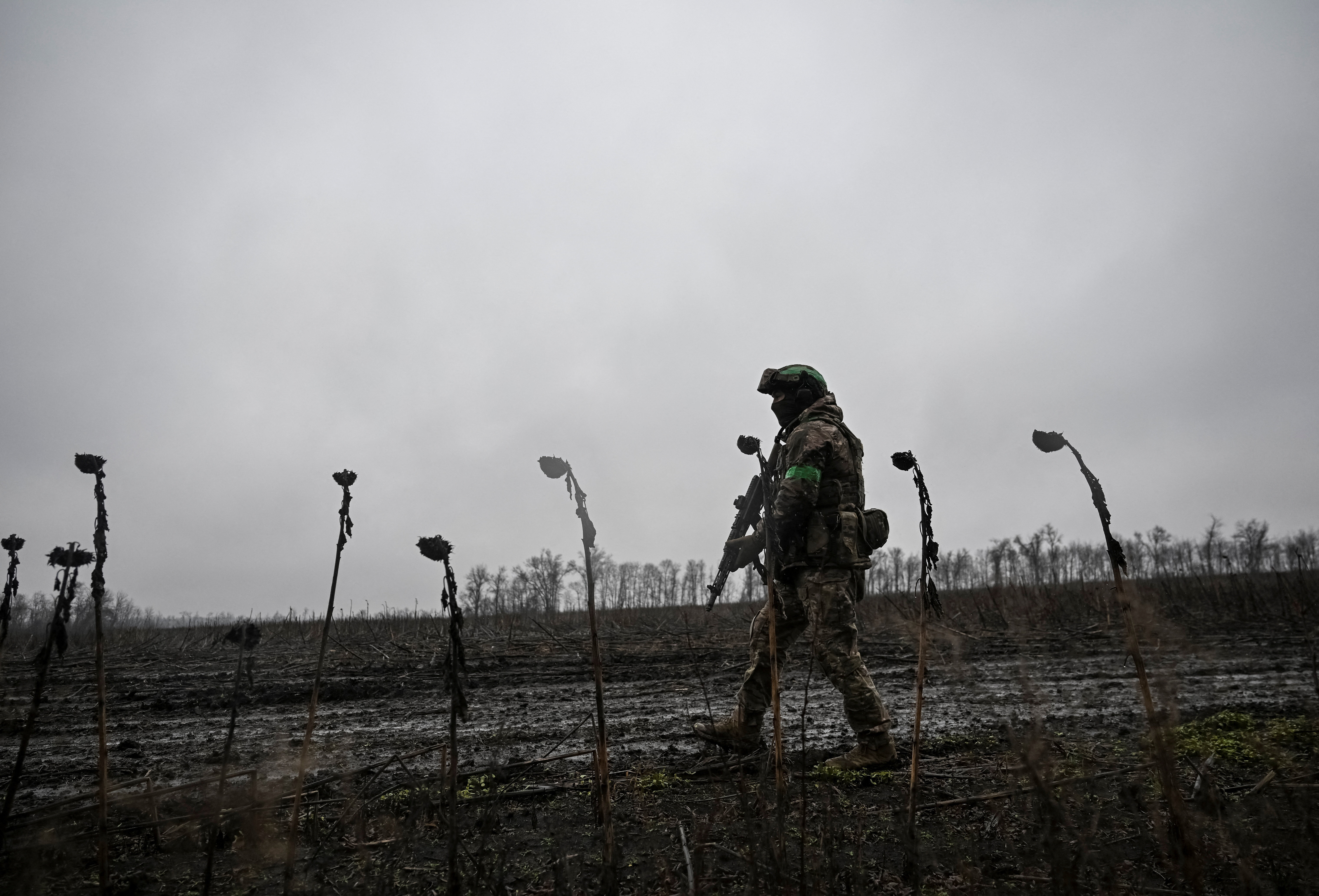 A serviceman walks at a position in a front line near the town of Pokrovsk