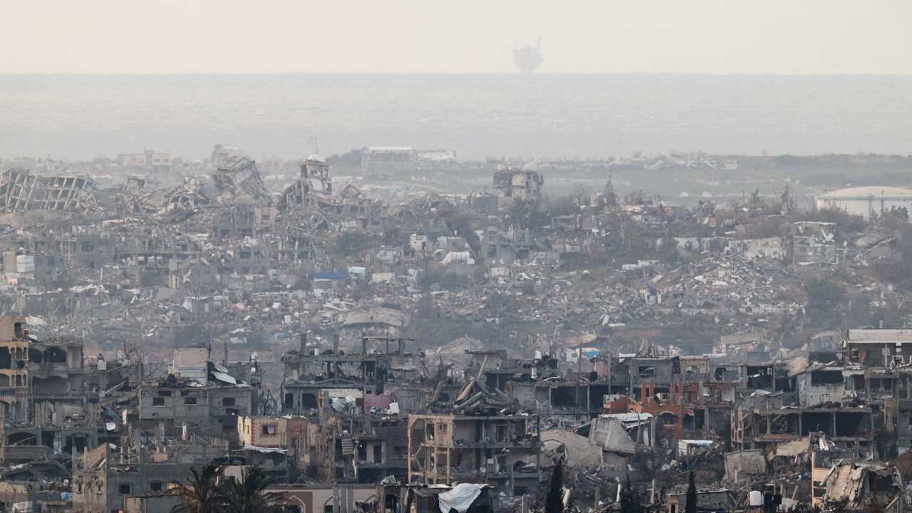 A view shows destroyed buildings, amid a ceasefire between Israel and Hamas