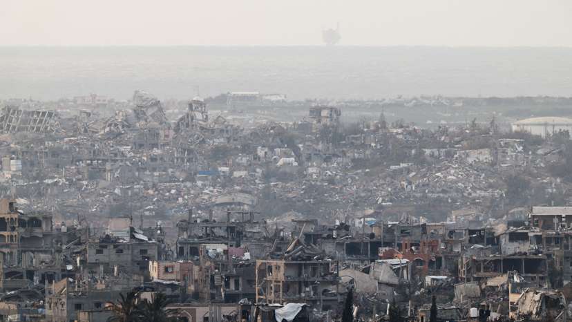 A view shows destroyed buildings, amid a ceasefire between Israel and Hamas