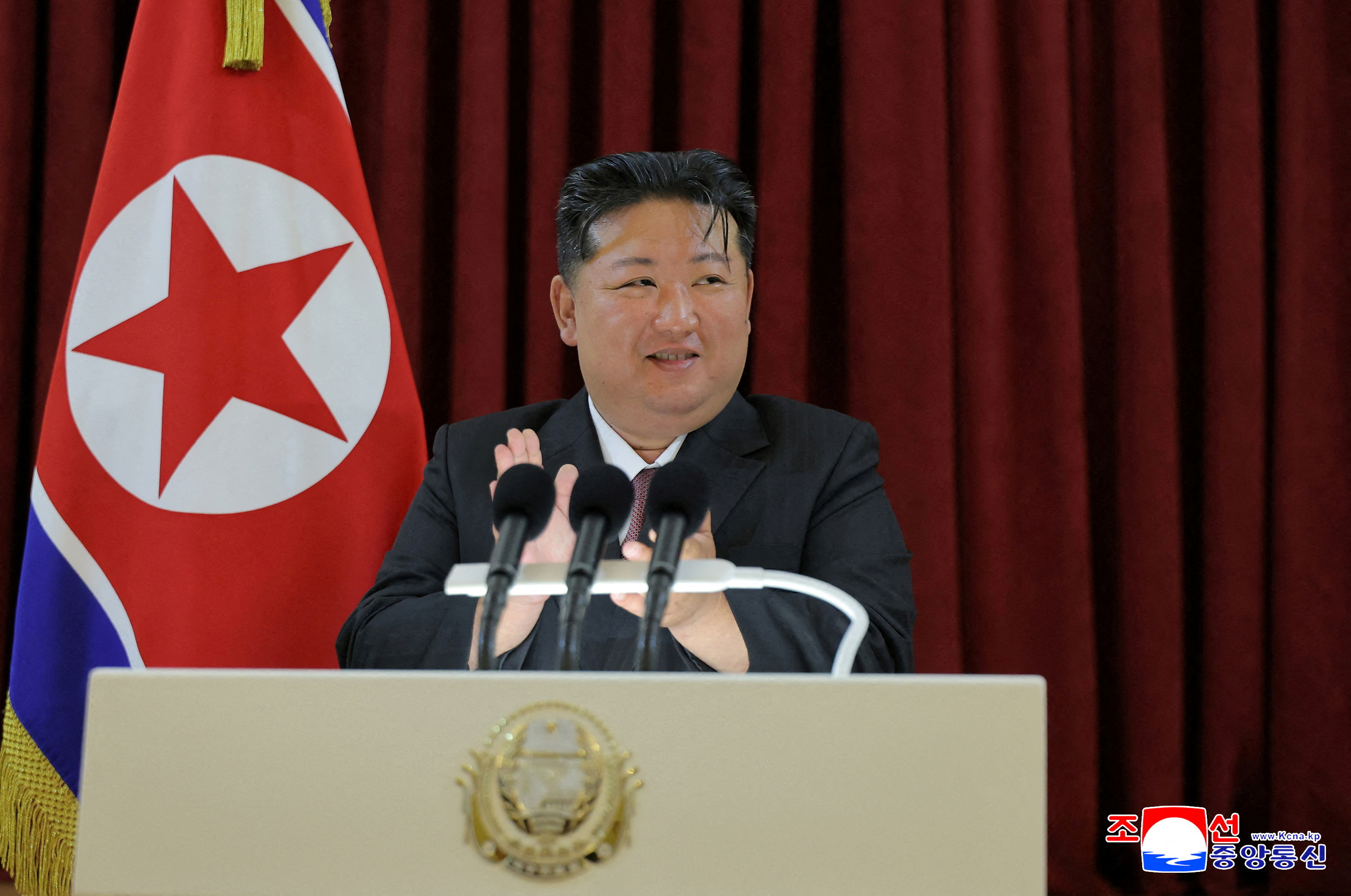 North Korean leader Kim Jong Un attending an event to celebrate Russia's Victory Day, at the Russian embassy in Pyongyang