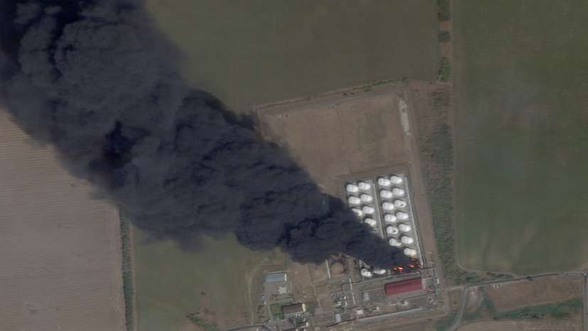 Smoke and fire rise from an oil depot in Rostov Region