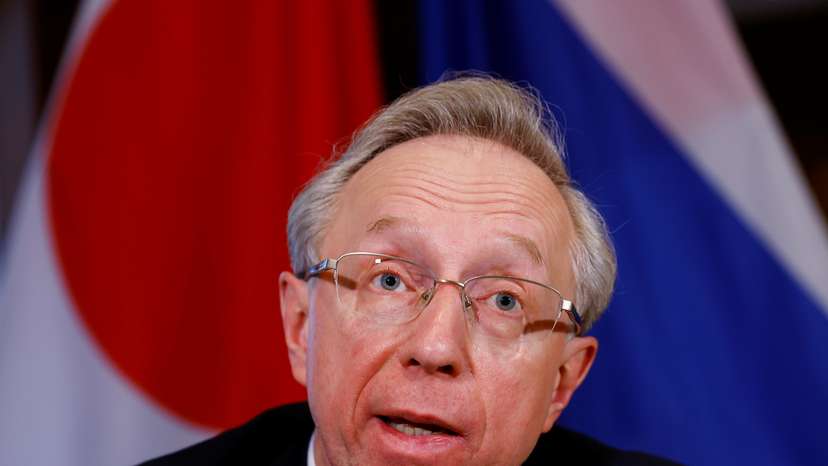 Russian Ambassador to Japan Mikhail Yurievich Galuzin speaks during an interview with Reuters at the embassy in Tokyo