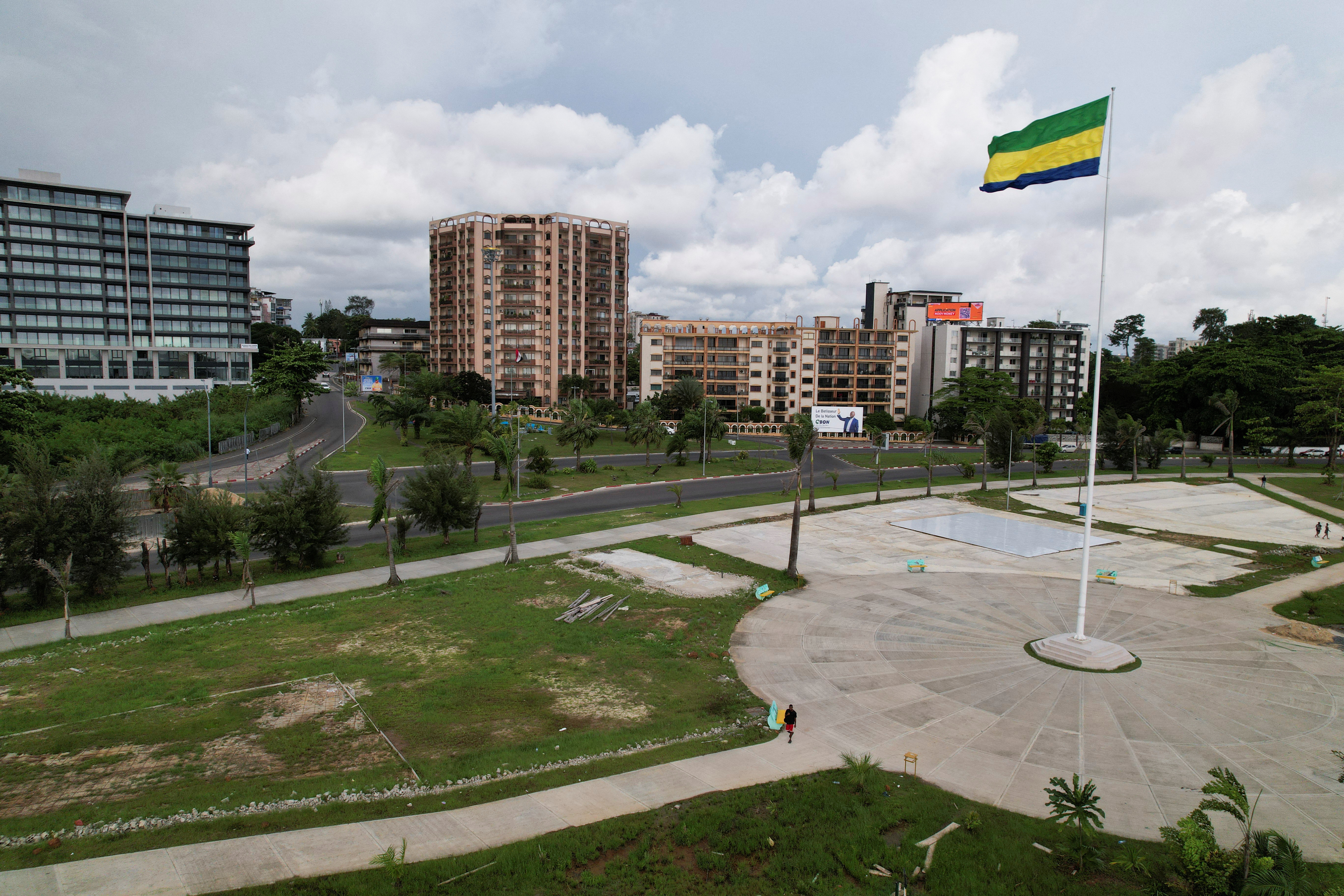 A drone view of the administrative center buildings at the seaside in Libreville