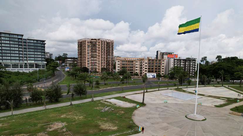 A drone view of the administrative center buildings at the seaside in Libreville