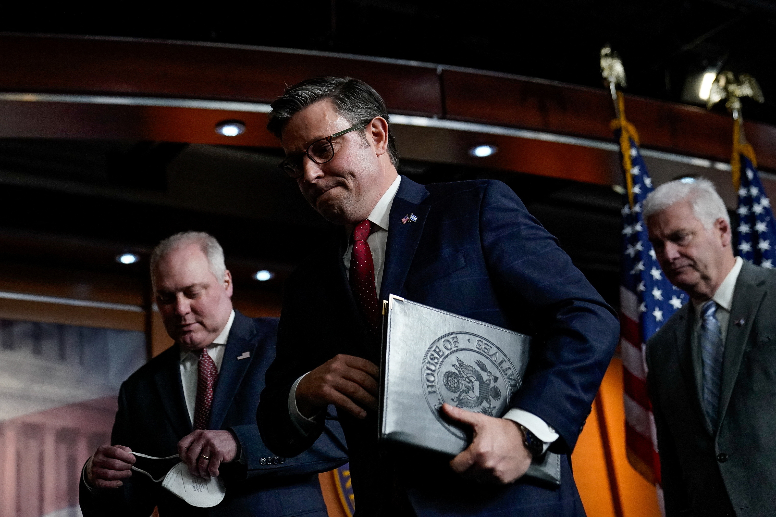 U.S. House Speaker Mike Johnson (R-LA) speaks during a press conference on Capitol Hill in Washington