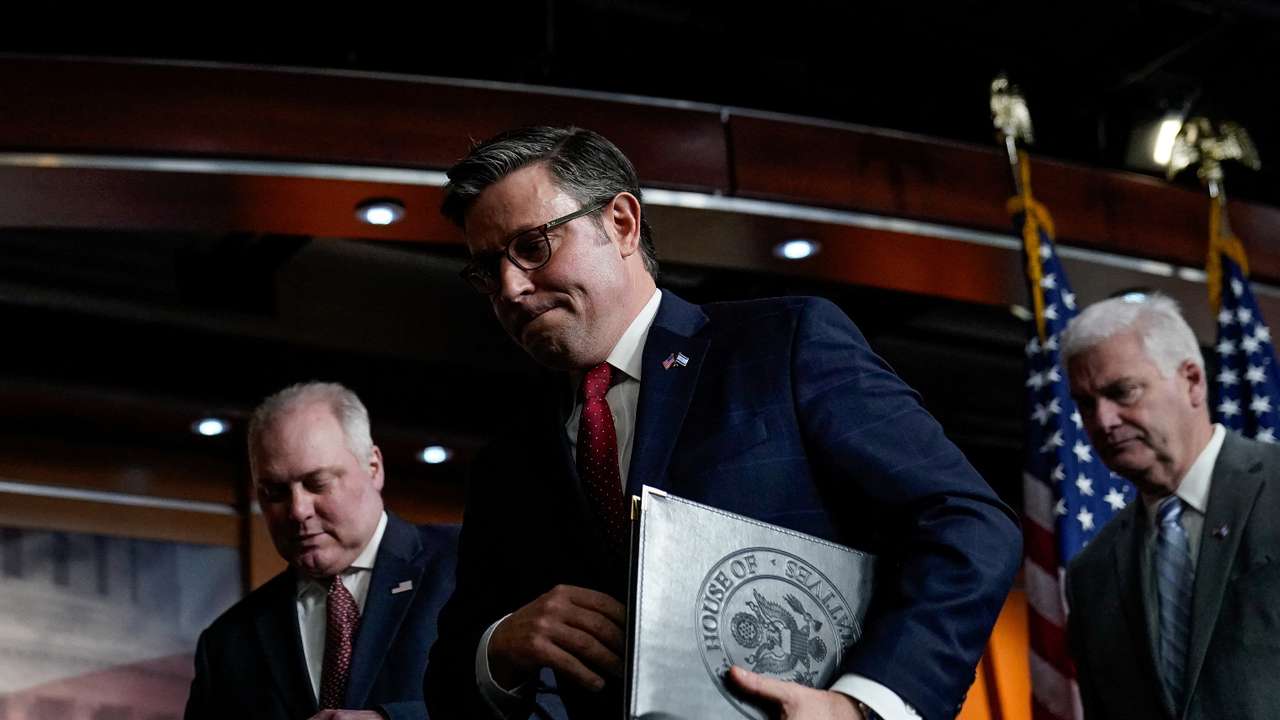U.S. House Speaker Mike Johnson (R-LA) speaks during a press conference on Capitol Hill in Washington