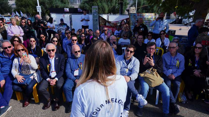 Faculty and representatives from the University of Pennsylvania visit a plaza, in support of the families of hostages in Tel Aviv
