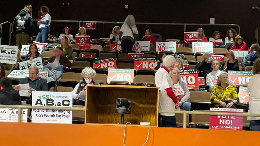 FILE PHOTO: Yes and No supporters gather at the Huntington Beach City council meeting in Huntington Beach