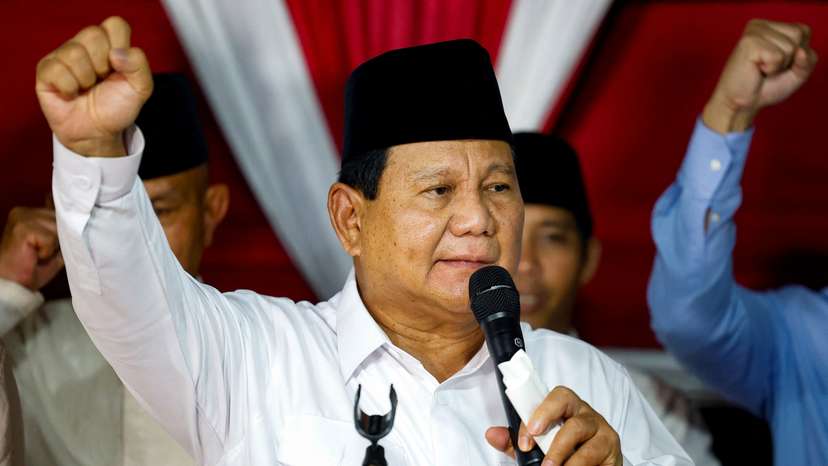 Indonesia's front-runner presidential candidate Prabowo Subianto gives a speech after the announcement of the presidential election result, in Jakarta