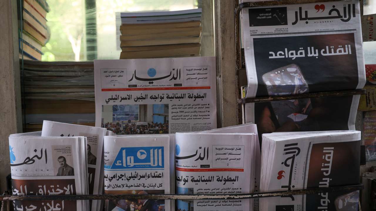 A newsstand shows headlines following pager detonations across Lebanon, in Beirut
