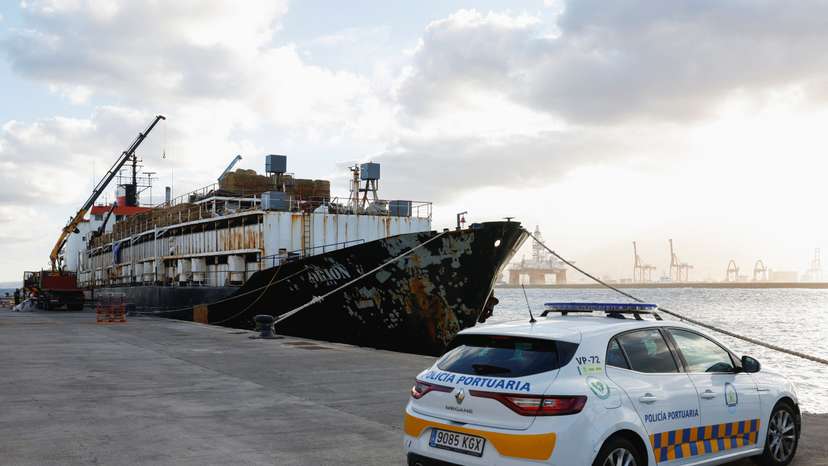 Police officers discharge drugs from the cattle ship Orion V seized off the Canary Islands, in the port of Las Palmas