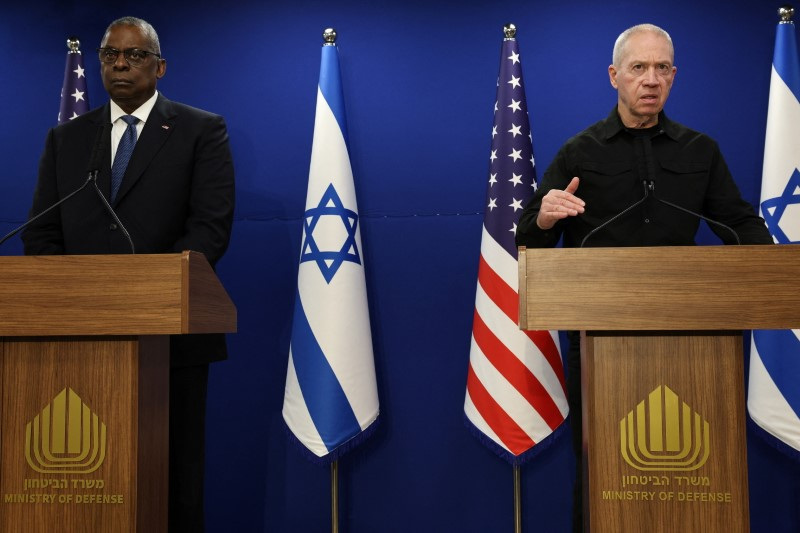 U.S. Secretary of Defense Austin and Israeli Defense Minister Gallant hold a joint press conference at Israel's Ministry of Defense, in Tel Aviv