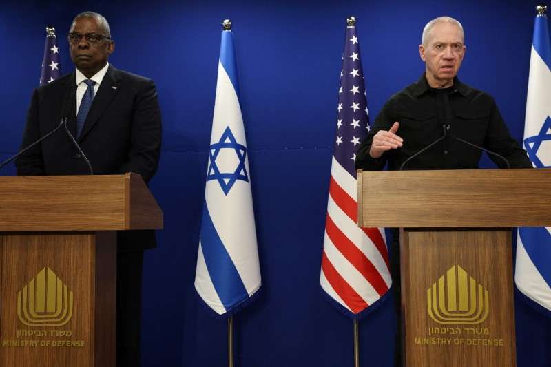 U.S. Secretary of Defense Austin and Israeli Defense Minister Gallant hold a joint press conference at Israel's Ministry of Defense, in Tel Aviv