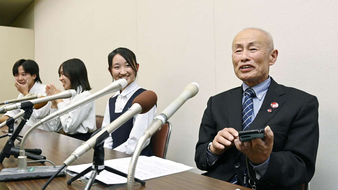 Japan Confederation of A- and H-Bomb Sufferers’ Organizations (Nihon Hidankyo) co-chair Toshiyuki Mimaki attends a news conference in Hiroshima