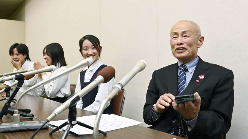 Japan Confederation of A- and H-Bomb Sufferers’ Organizations (Nihon Hidankyo) co-chair Toshiyuki Mimaki attends a news conference in Hiroshima