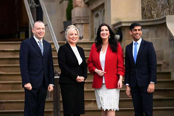 Britain's PM Sunak meets Northern Ireland's First Minister O'Neill and Deputy First Minister Little-Pengelly at Stormont Castle in Belfast