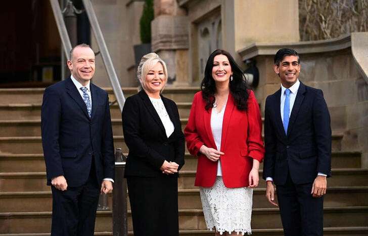 Britain's PM Sunak meets Northern Ireland's First Minister O'Neill and Deputy First Minister Little-Pengelly at Stormont Castle in Belfast