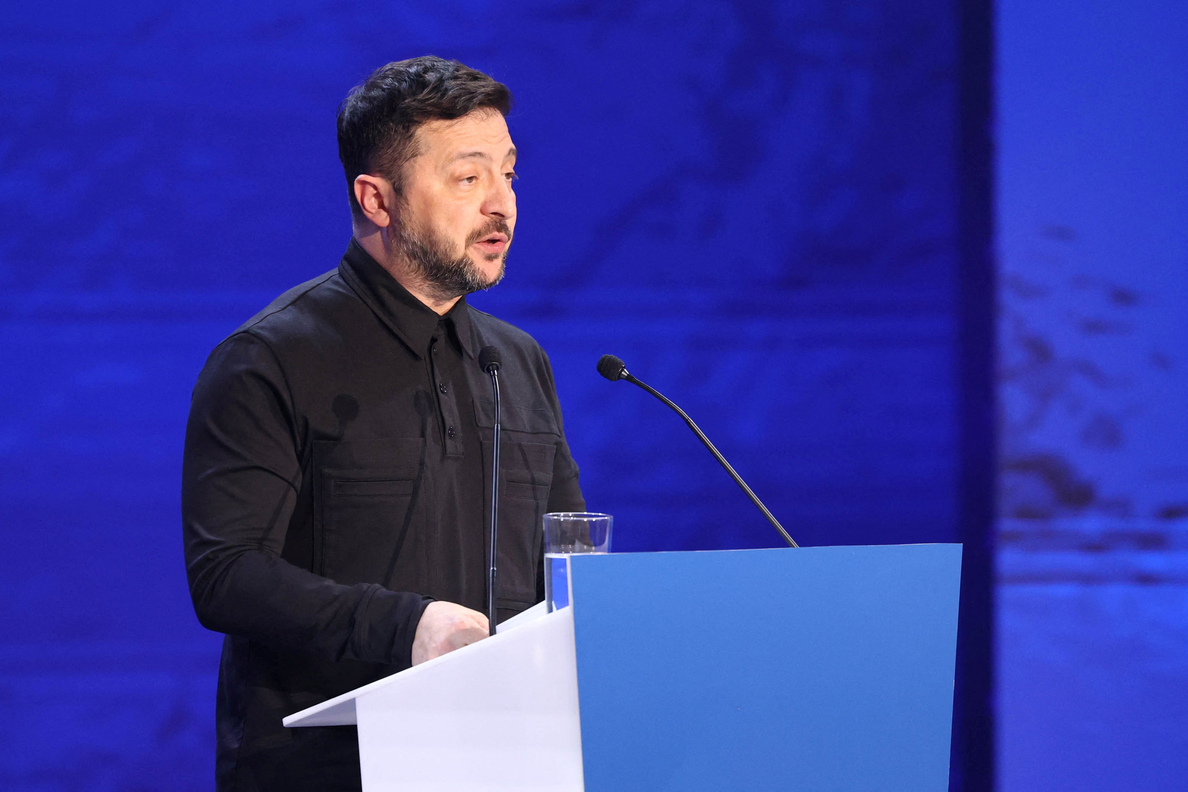 Ukraine's President Volodymyr Zelenskiy speaks during the official opening of Cyprus taking over the EU presidency at the THOC theatre in Nicosia
