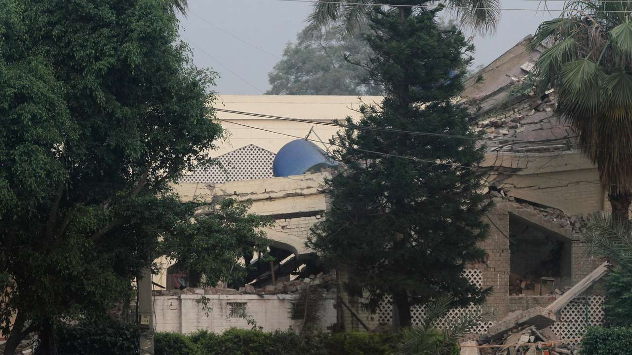 A view shows a damaged building after it was hit by an Indian strike in Muridke