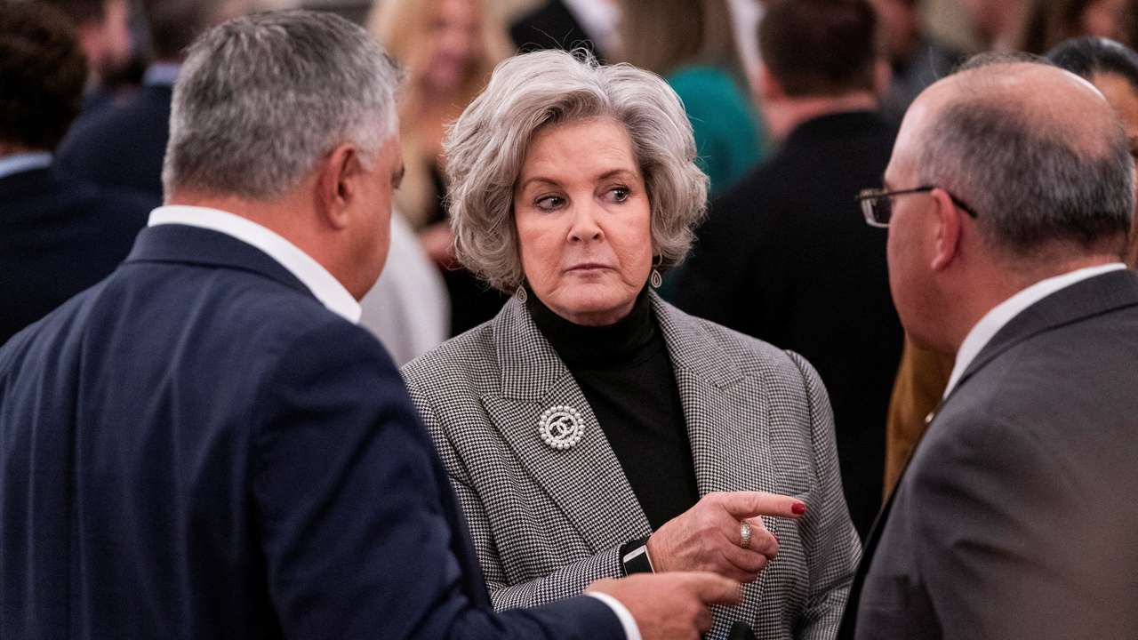 FILE PHOTO: White House Chief of Staff Susie Wiles speaks with fellow attendees during a reception for Sergio Gor, the recently sworn-in U.S. Ambassador to India, at the Kennedy Center in Washington