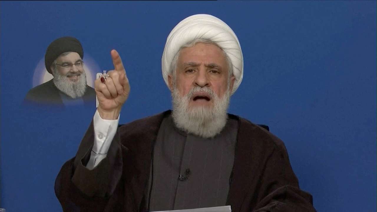 Lebanon's Hezbollah leader Sheikh Naim Qassem delivers an address from an unknown location