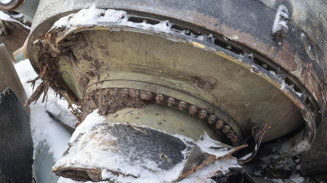 FILE PHOTO: View shows a part of an unidentified missile, which Ukrainian authorities believe to be made in North Korea, in Kharkiv