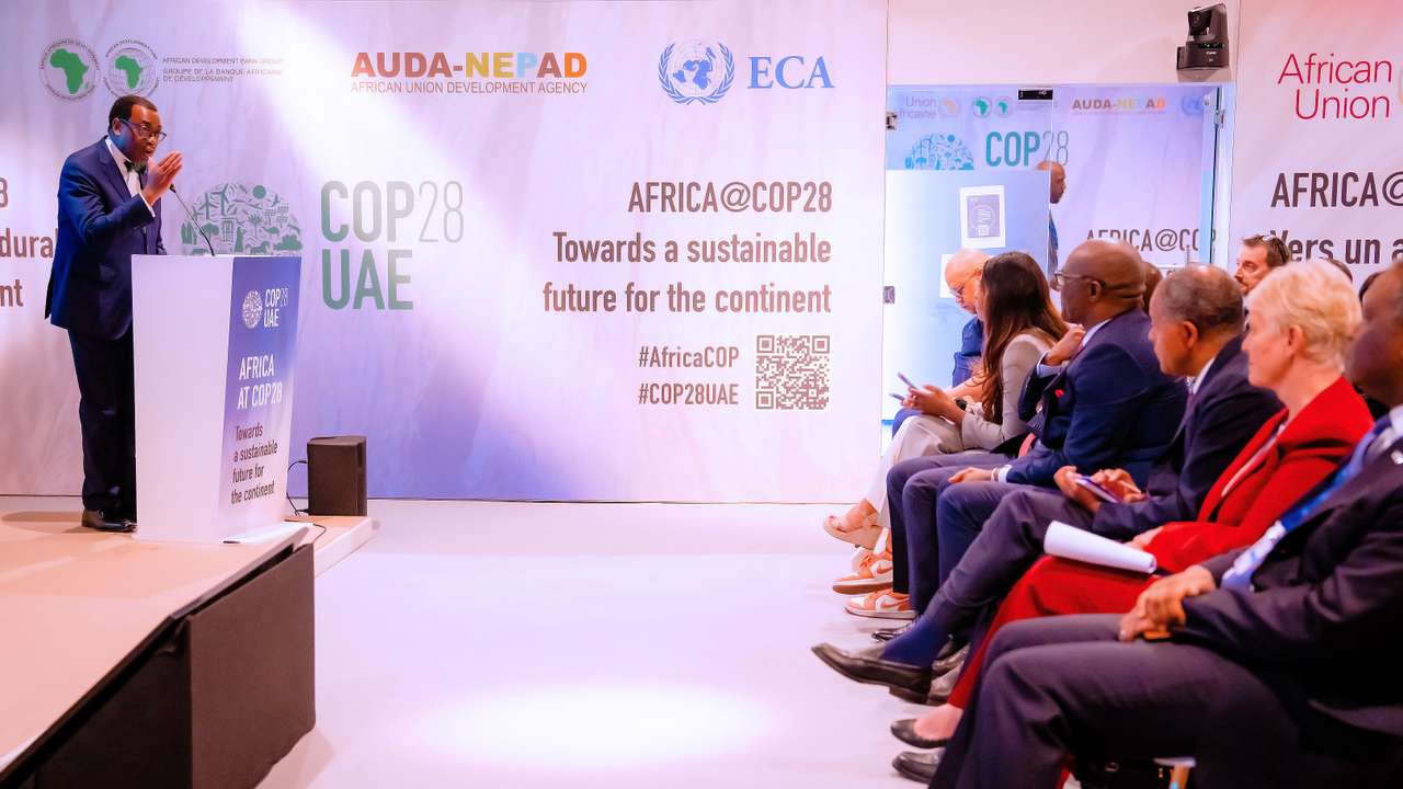 African Development Bank President Dr Akinwumi Adesina speaking at Africa@COP28 on the theme "Towards a sustainable future for the continent"