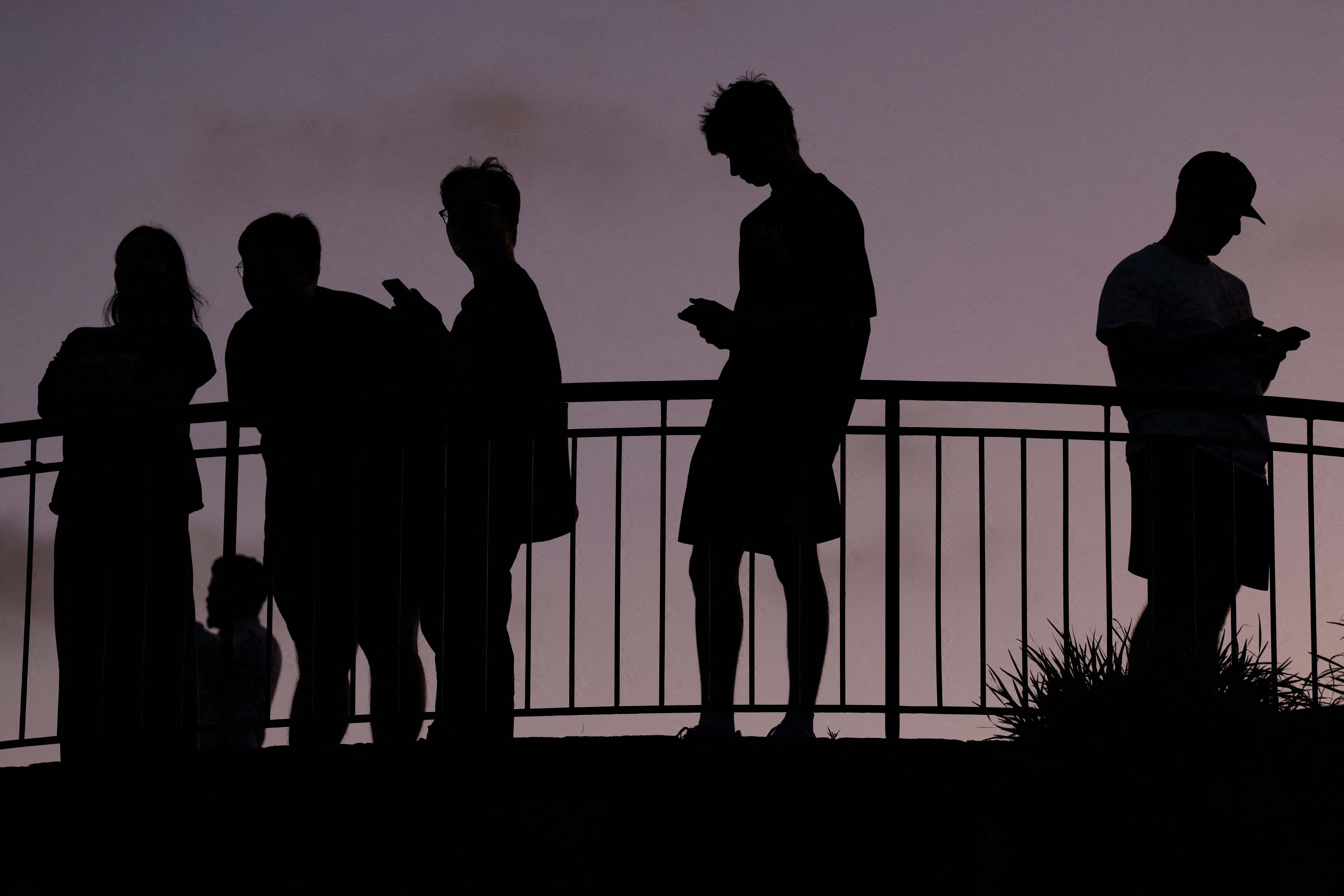People use their mobile phones at dusk in Brisbane