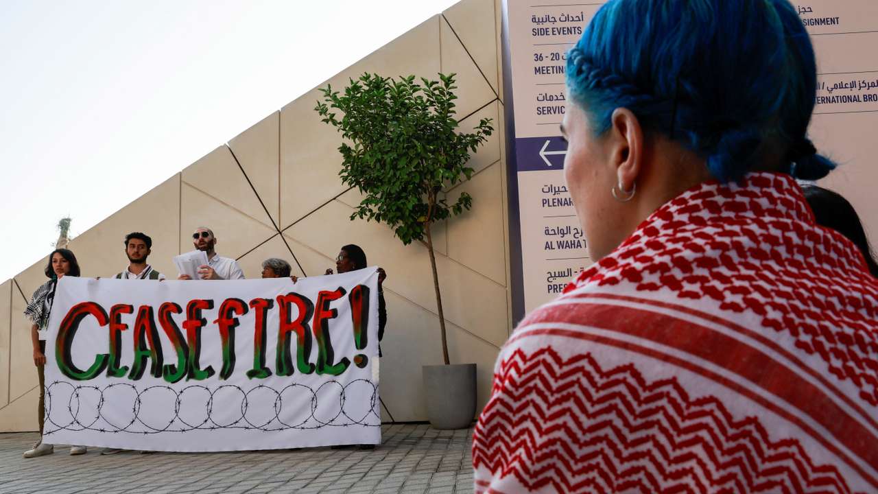 Climate activists protest in support of Palestinians in Gaza at COP28 in Dubai