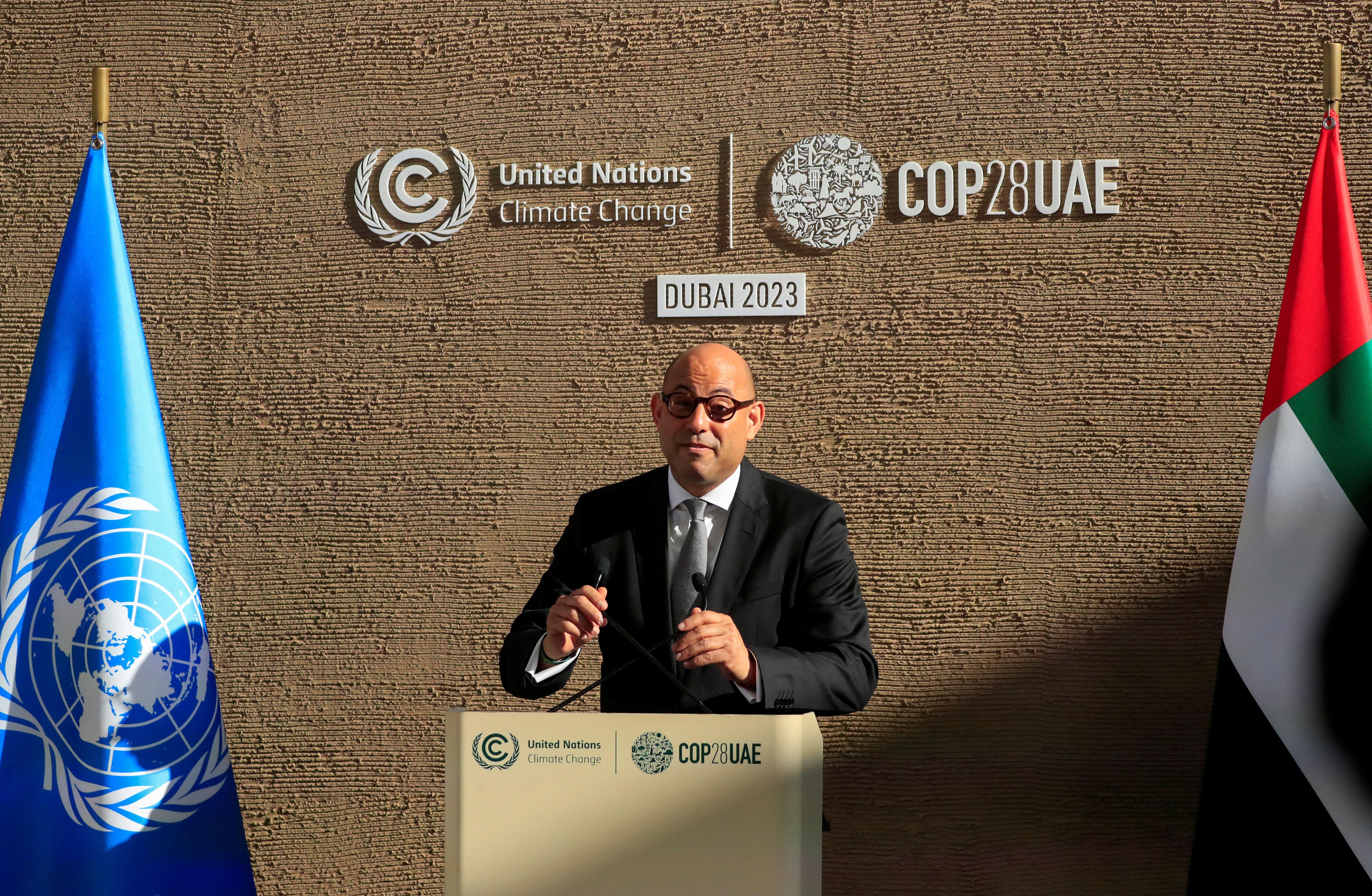 Executive Secretary of UNFCCC Simon Stiell attends a press conference at COP28, in Dubai