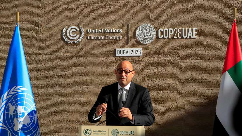 Executive Secretary of UNFCCC Simon Stiell attends a press conference at COP28, in Dubai