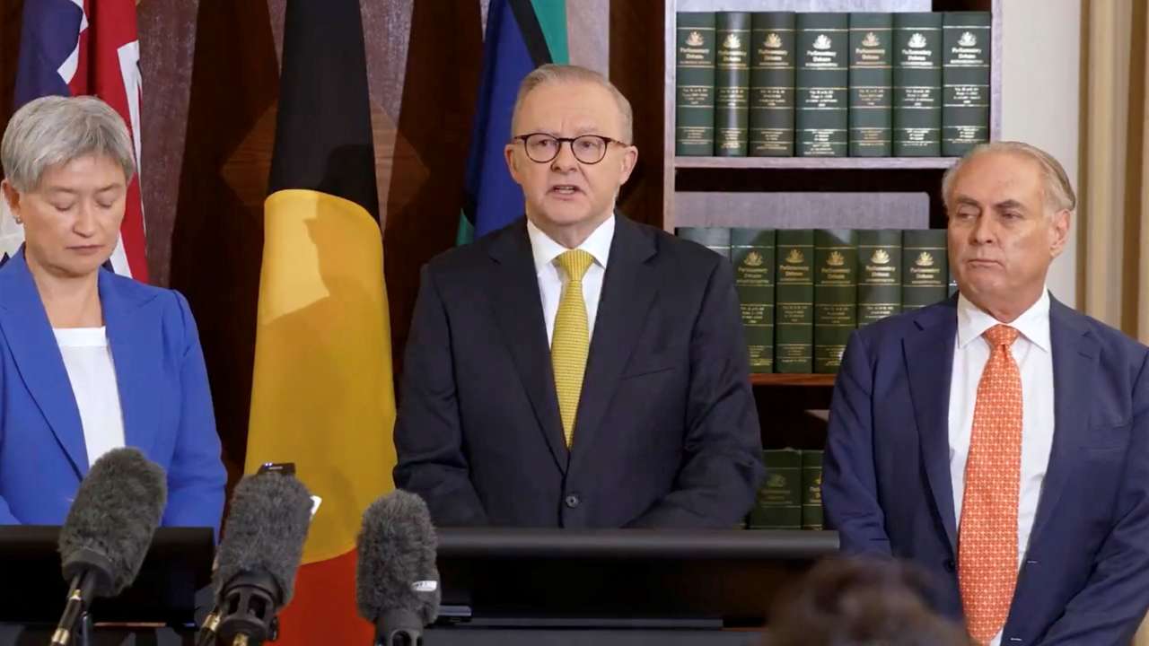 Australian Prime Minister Anthony Albanese speaks about the decision by U.S. President Donald Trump to impose tariffs