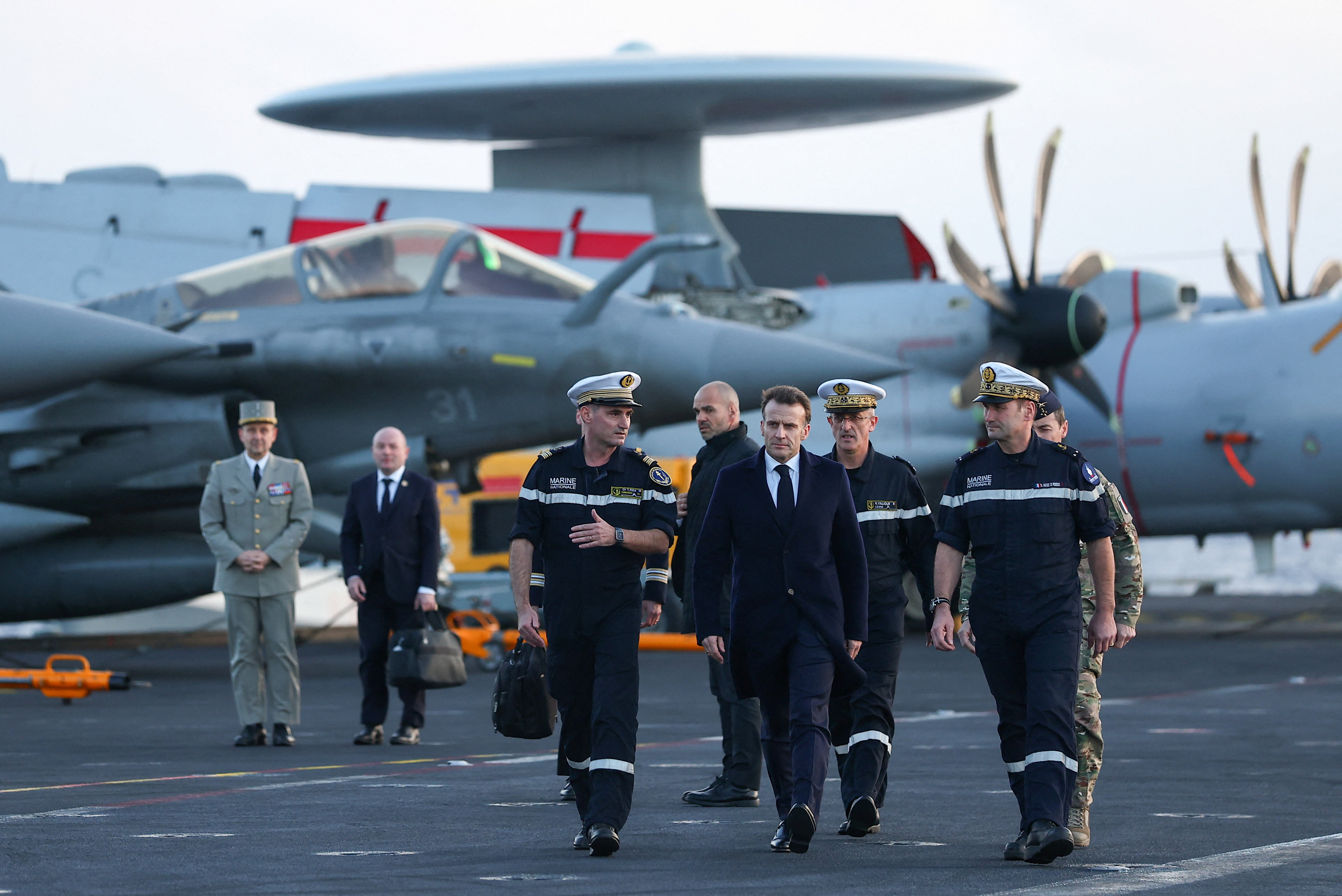French President Macron visits aircraft carrier Charles de Gaulle on Mediterranean Sea