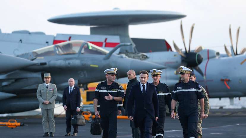 French President Macron visits aircraft carrier Charles de Gaulle on Mediterranean Sea