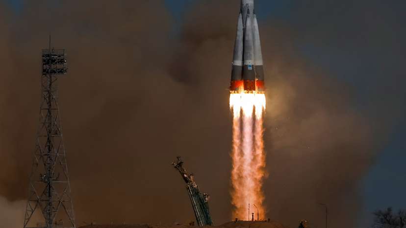 The Soyuz MS-27 spacecraft blasts off to the International Space Station (ISS) from the launchpad at the Baikonur Cosmodrome