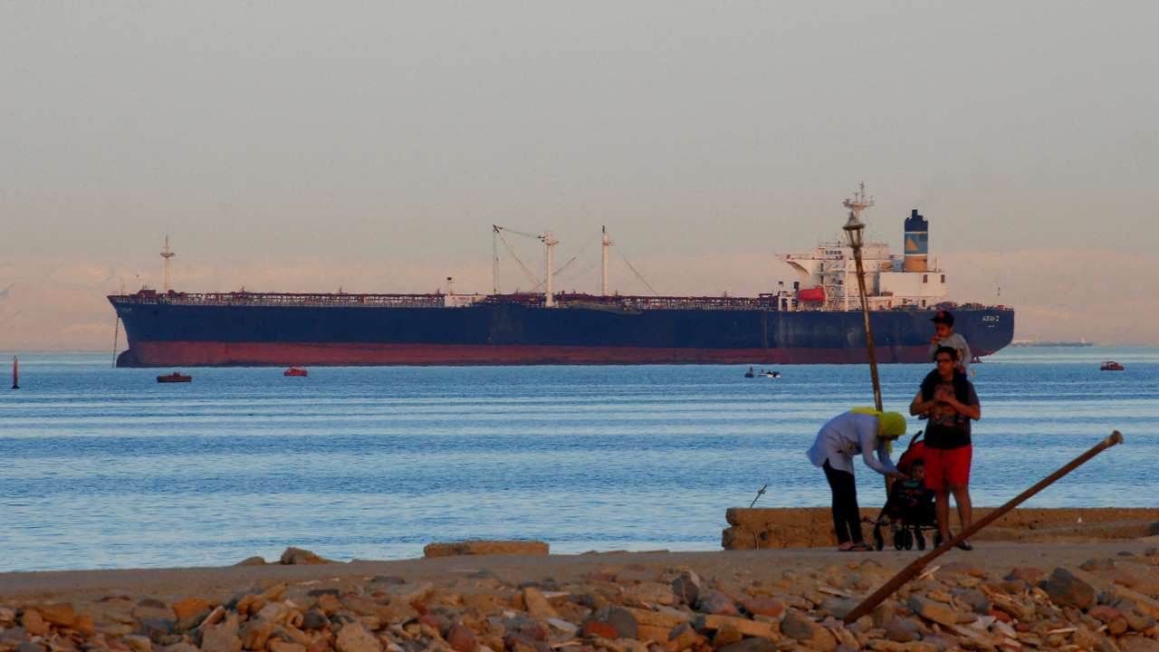 FILE PHOTO: Container ship crosses the Gulf of Suez towards the Red Sea before entering the Suez Canal